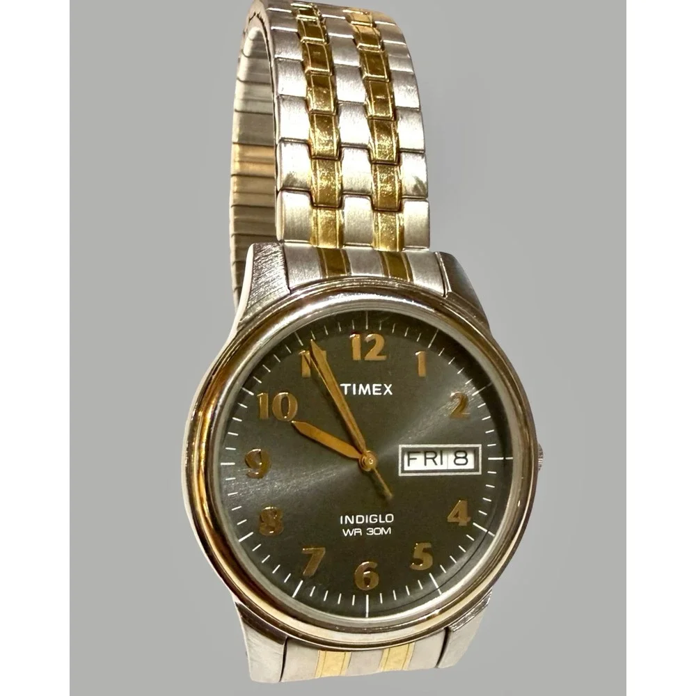 Timex T2G487 Indiglo Day Date Two Tone Stainless Steel Quartz Men's Watch Runs